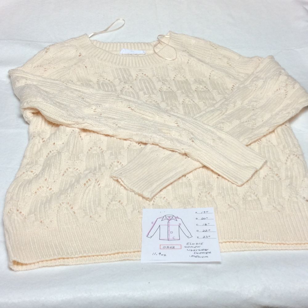 Elodie‎ Women's Cream Cable Knit Sweater Pointelle Pattern Cozy Pullover Medium